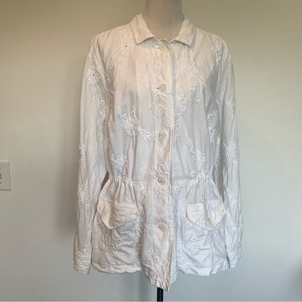 J. Jill white linen and cotton blend embroidered long sleeve jacket - Picture 3 of 16